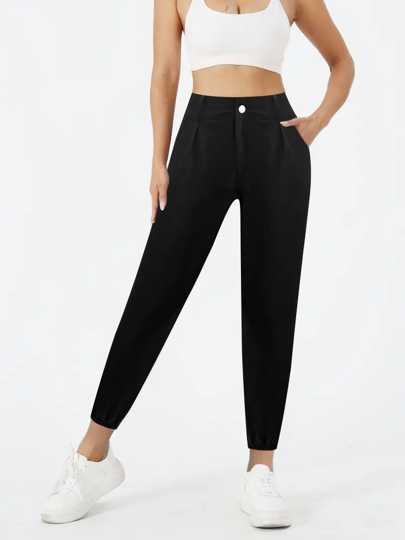 亚马逊跨境外贸女式高腰裤显瘦百搭直筒束脚裤女休闲时尚纯色女裤