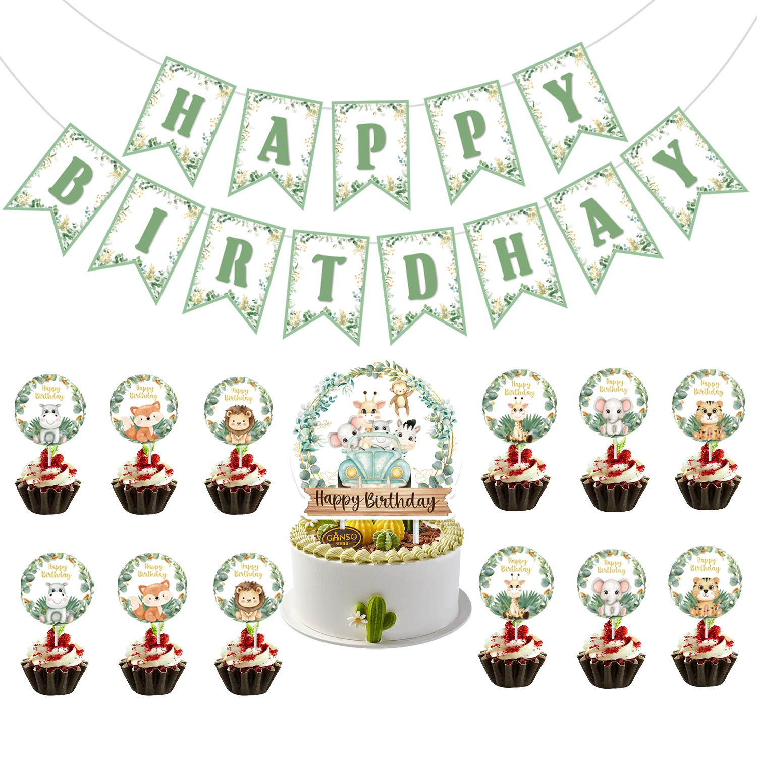 Набор на тему дня рождения с зеленым листом и животными в виде джунглей, флаг, вставка для торта, баннер, детский тематический наряд для вечеринки