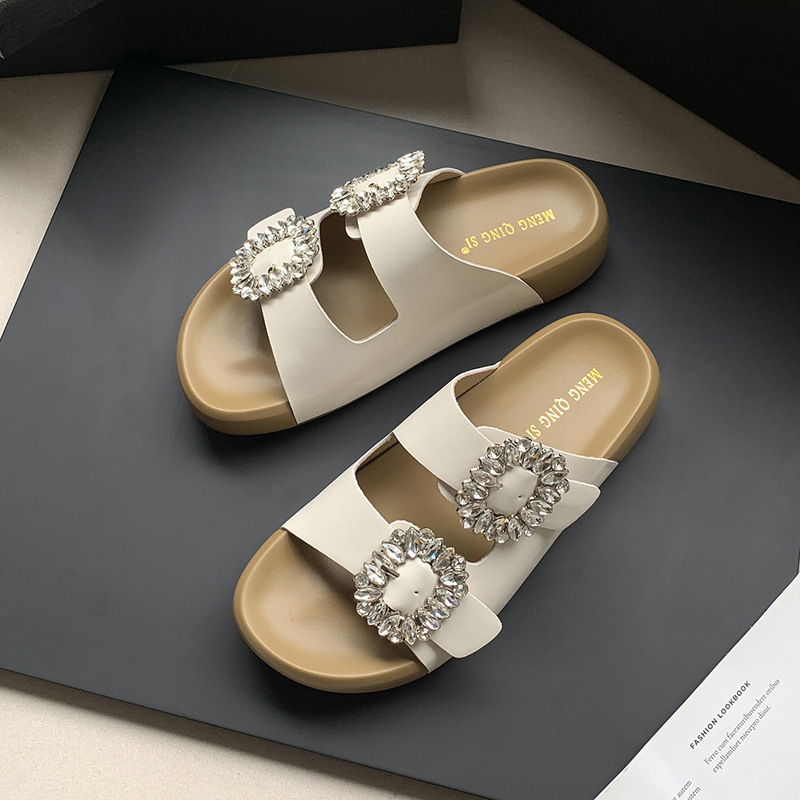 Square Buckle Rhinestone Genuine Leather Double Strap Small Thick-Soled Slippers for Women Summer Outer Wear Heightening Poop Feeling Small Size 32 Half Slippers