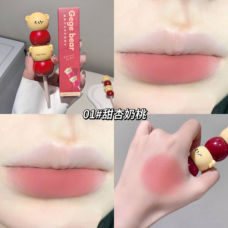 Gege oso azúcar, crema de leche de oso, polvo labial, niebla de seda, polvo labial al por mayor, no es fácil de tocar lápiz labial.