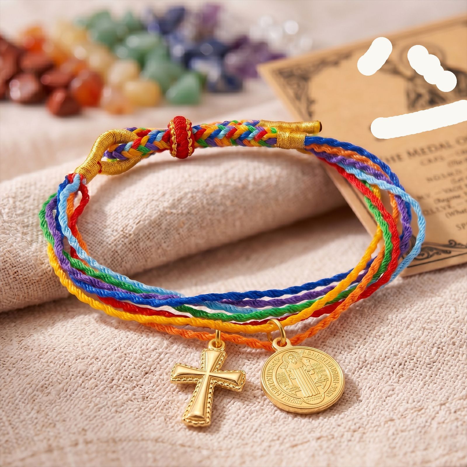 Cross-border best-selling bohemian style colorful rope bracelet, fashionable round pendant with cross, wholesale accessories for men and women