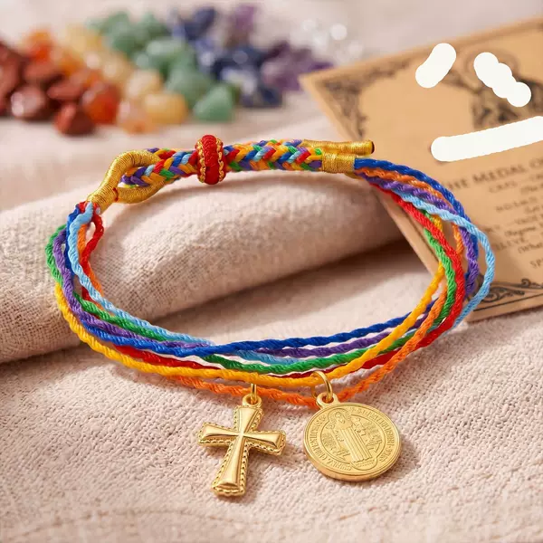 Cross-border best-selling bohemian style colorful rope bracelet, fashionable round pendant with cross, wholesale accessories for men and women