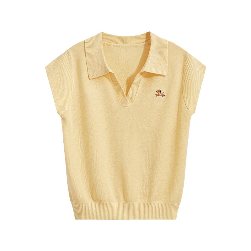 Polo Collar Design Short-Sleeve Knit Top for Women, New Summer Style, Loose and Simple, Fashionable and Versatile Cartoon Pony Top
