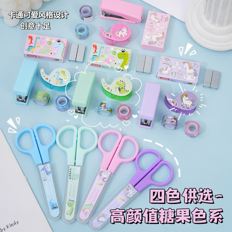Set de grapadora de dibujos animados con tijeras y portacinta, colores pastel