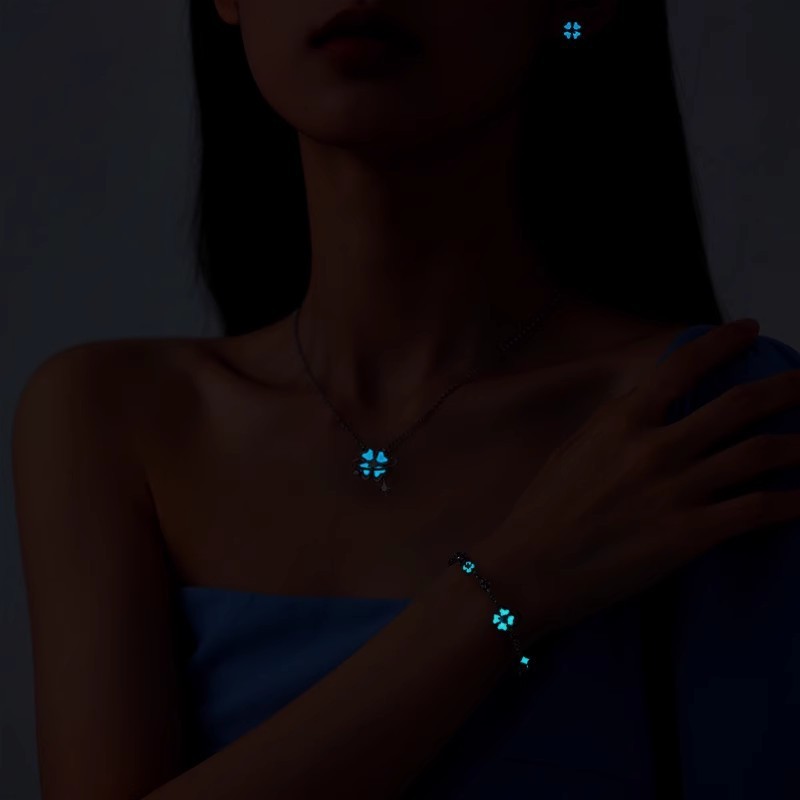 帝丰999足银星愿四叶草项链女轻奢ins夜光珐琅手链高级感精致耳饰|undefined