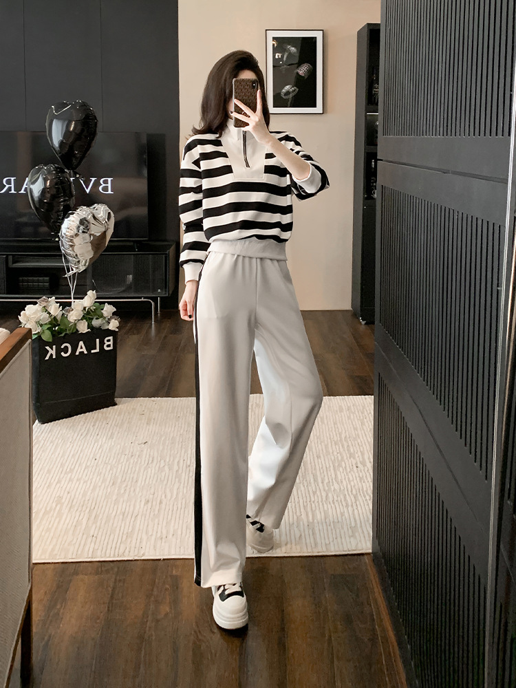 街頭レジャー風少女活力スポーツスーツ女性秋ジッパー縞上着高腰広脚ズボン2点セット