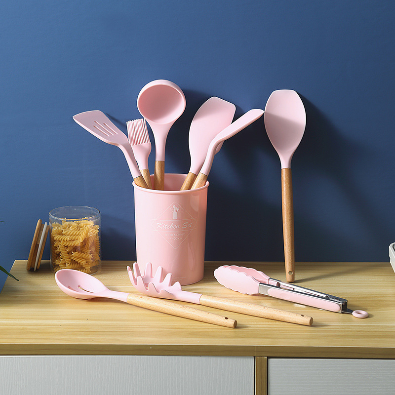 Mango de madera de silicona cocina de almacenamiento conjunto de cilindro 11 piezas de mango de madera de cocina de silicona fácil de almacenar cocina