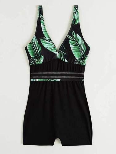  European and American New Leaf Print Striped Flat-Bottom Bodysuit Swimsuit Cross-border Foreign Trade