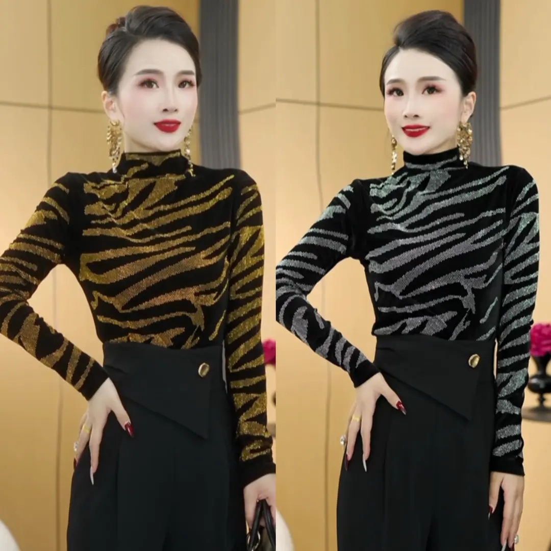 【德绒】秋冬新款打底衫女内搭半高领感气质烫钻长袖T恤女上衣