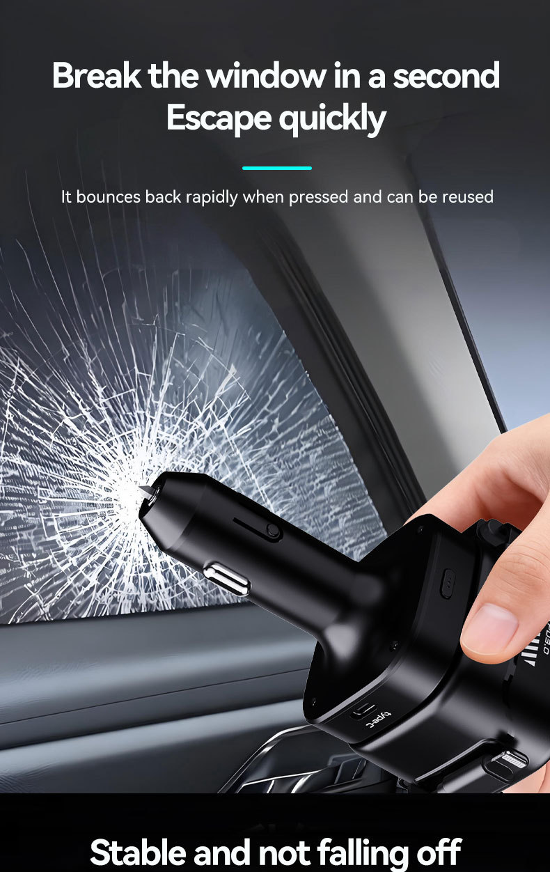 Cross-border new model car charger with ambient lighting, featuring a retractable cable, cigarette lighter socket, and window-breaking hammer – a four-in-one fast-charging car accessory