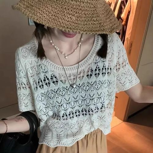 Summer New Arrival Lacehole Thin Short Sleeve Knit Top Women's Quality Elegant Style Loose Casual Trendy French Style Top