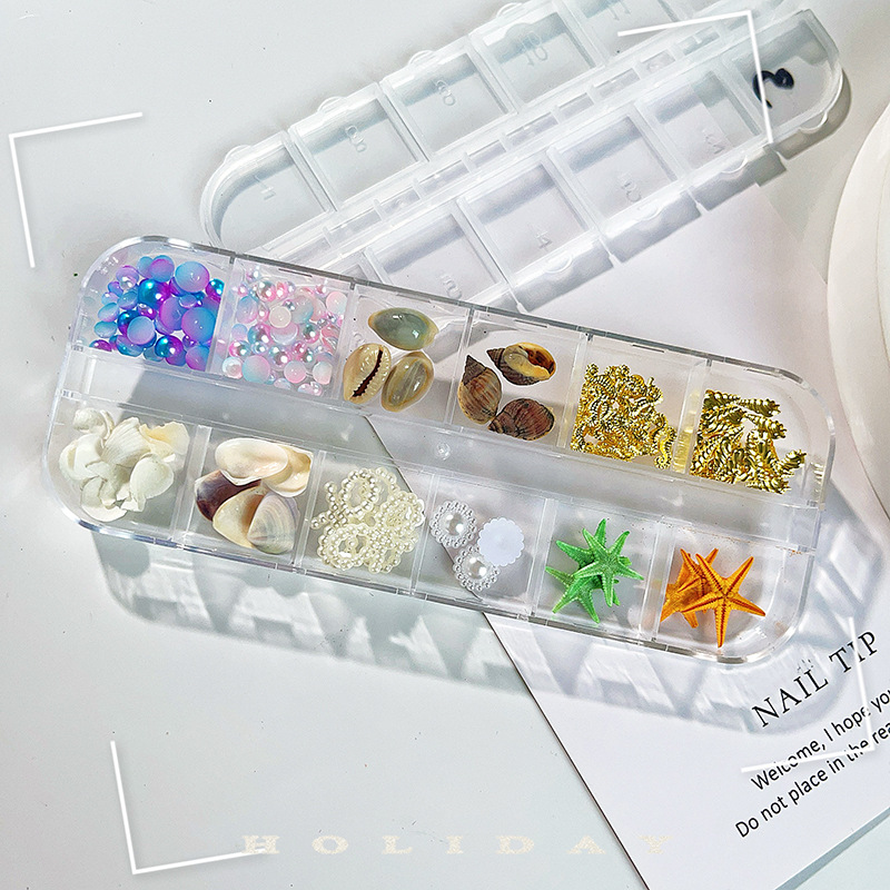 Venta caliente transfronteriza Tormenta marina joyería de uñas rebanadas de concha de estrella de mar natural rebanadas de abulón 12 rejilla mixta