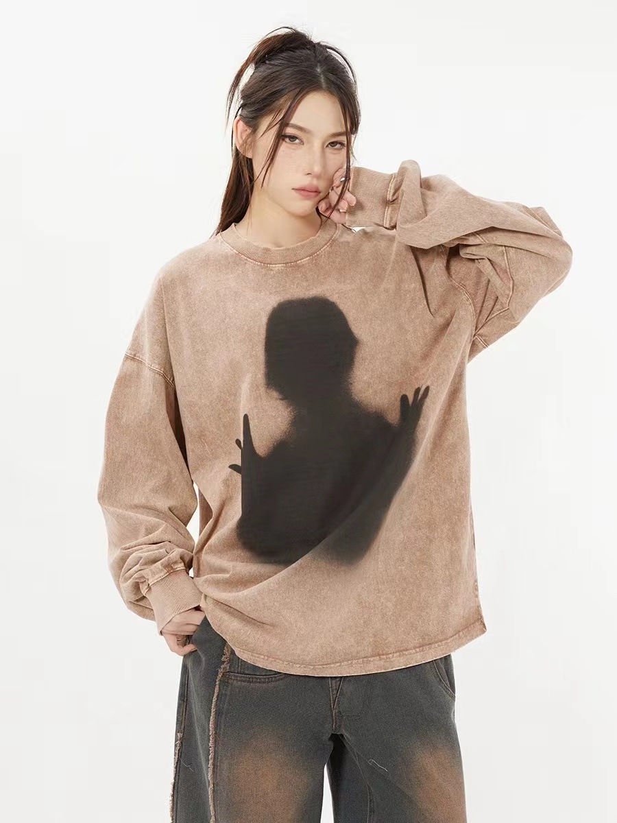 Comercio exterior hace viejas camisetas de manga larga para hombres de verano nuevo cuello redondo suelto sobretamaño americano retro in camisas de moda