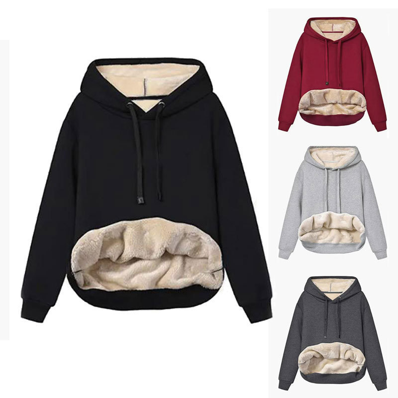 European and American Cross-Border Amazon Hot-Selling 2023 Winter Women's Warm Lamb Velvet Flap Pocket Pants Hooded Sports Sweatshirt Jacket