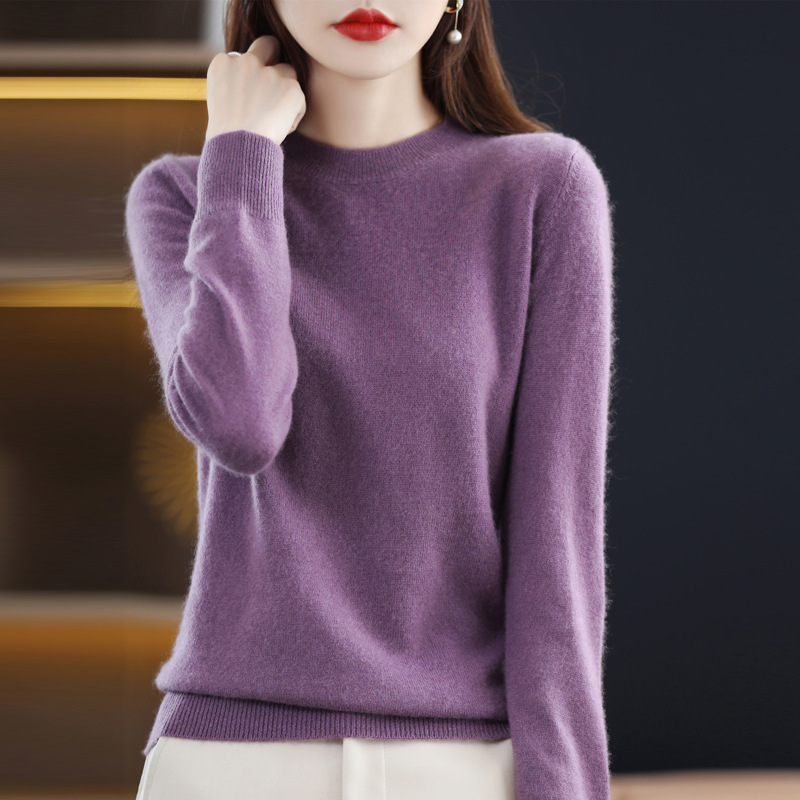 Nuevo otoño temprano cuello redondo 100 suéter de lana de las mujeres de moda simple flojo adelgazar punto manga larga que basa la camisa suéter de las mujeres