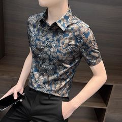 男性用半袖花柄シャツ、ハイエンドでハンサムな2025新しい小花柄夏服、カジュアルなアイスシルクプリントシャツ