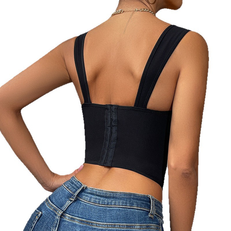 Top da donna con canotta nera con bordo in pizzo, reggiseno push-up con ferretto e stecche di pesce, modellante._voghion.com