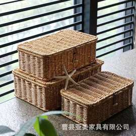 创意藤编收纳筐婚宴回礼伴手礼盒桌面翻盖式衣物衬衫整理盒礼物篮