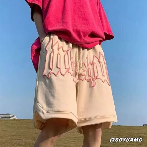 Vintage American Street Print Athletic Shorts Men's Trendy Loose Summer Basketball Pants with Drawstring Casual Five-Pocket Pants