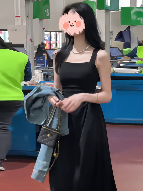 黑色吊带连衣裙子女春秋2025新款大码胖mm显瘦法式茶歇收腰长裙潮|undefined