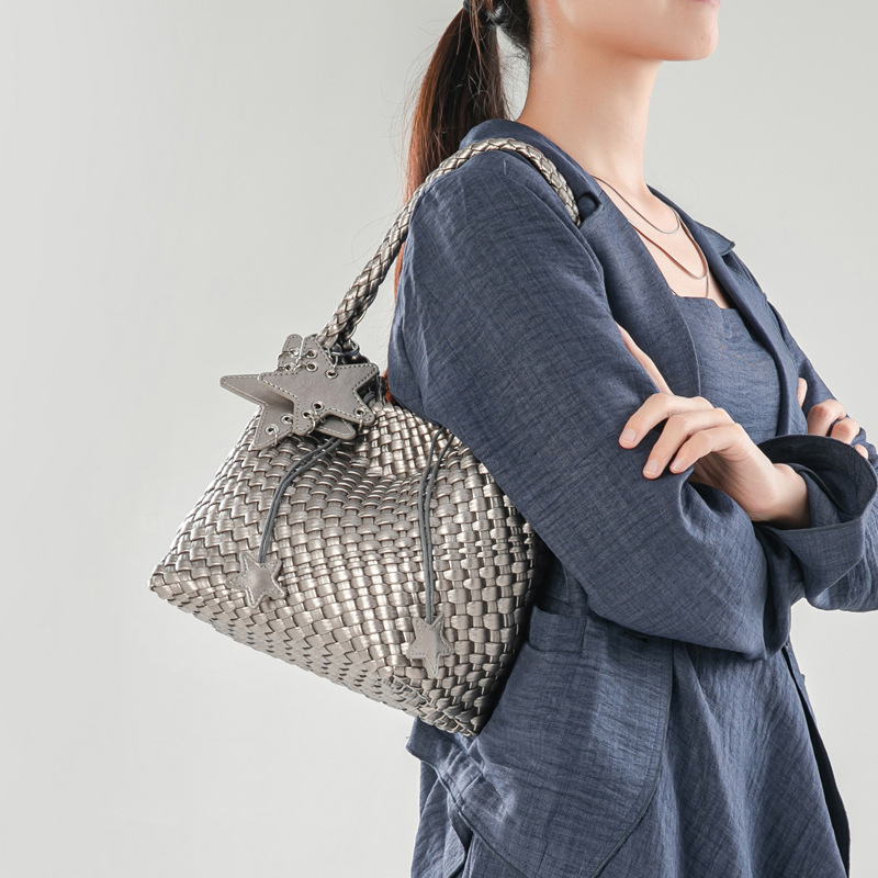 2025 New Model Small Handmade Woven Bag Versatile Tote Bag with Texture Handbag Underarm Basket Bucket Bag