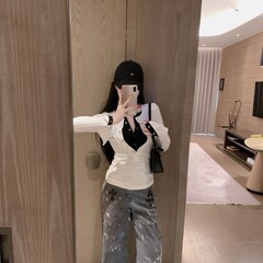 2025秋冬季女装新款时尚洋气重工烫钻十字架双层打底长袖T恤上衣