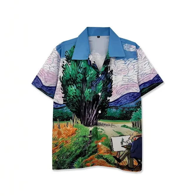 Летняя мужская повседневная рубашка с коротким рукавом и кубинским воротником, дышащая, подходит для отдыха на море и путешествий