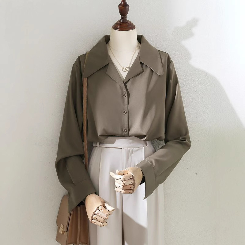 Retro Hong Kong Style Dark Khaki Suit Collar Shirt 2025 Early Autumn New Professional Work Clothing Ol Loose Long-Sleeved Shirt