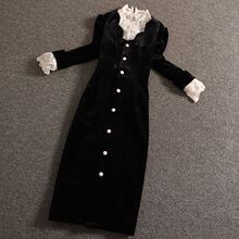 单/套装女名媛气质轻熟风时尚蕾丝衫金丝绒连衣裙两件套秋冬