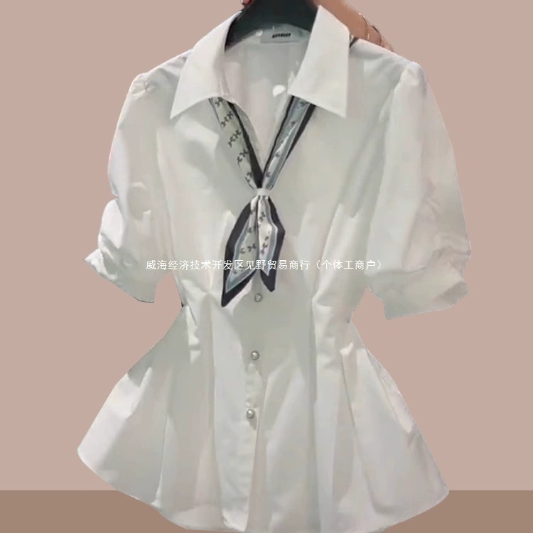 Женская рубашка 2025, летняя новинка, большой размер, дизайн с короткими рукавами, V-образный вырез, шнуровка на талии, утягивающий эффект, белый топ