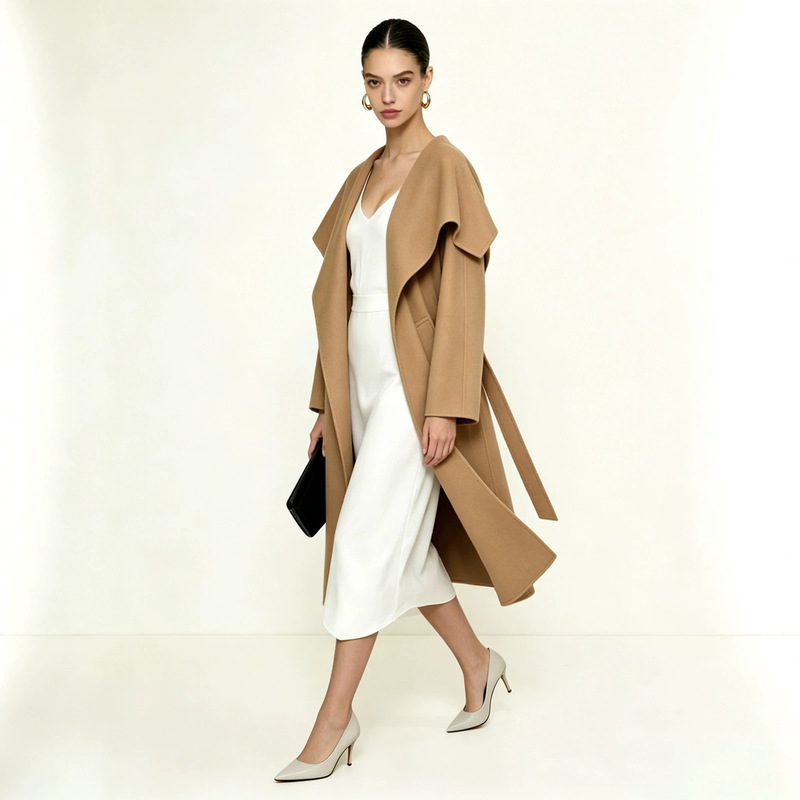 Rienza Cashmere Coat for Women, Double-Sided Water Ripple Pattern, Large Navy Lapel, Autumn and Winter Style, Woolen Long Coat with Belt