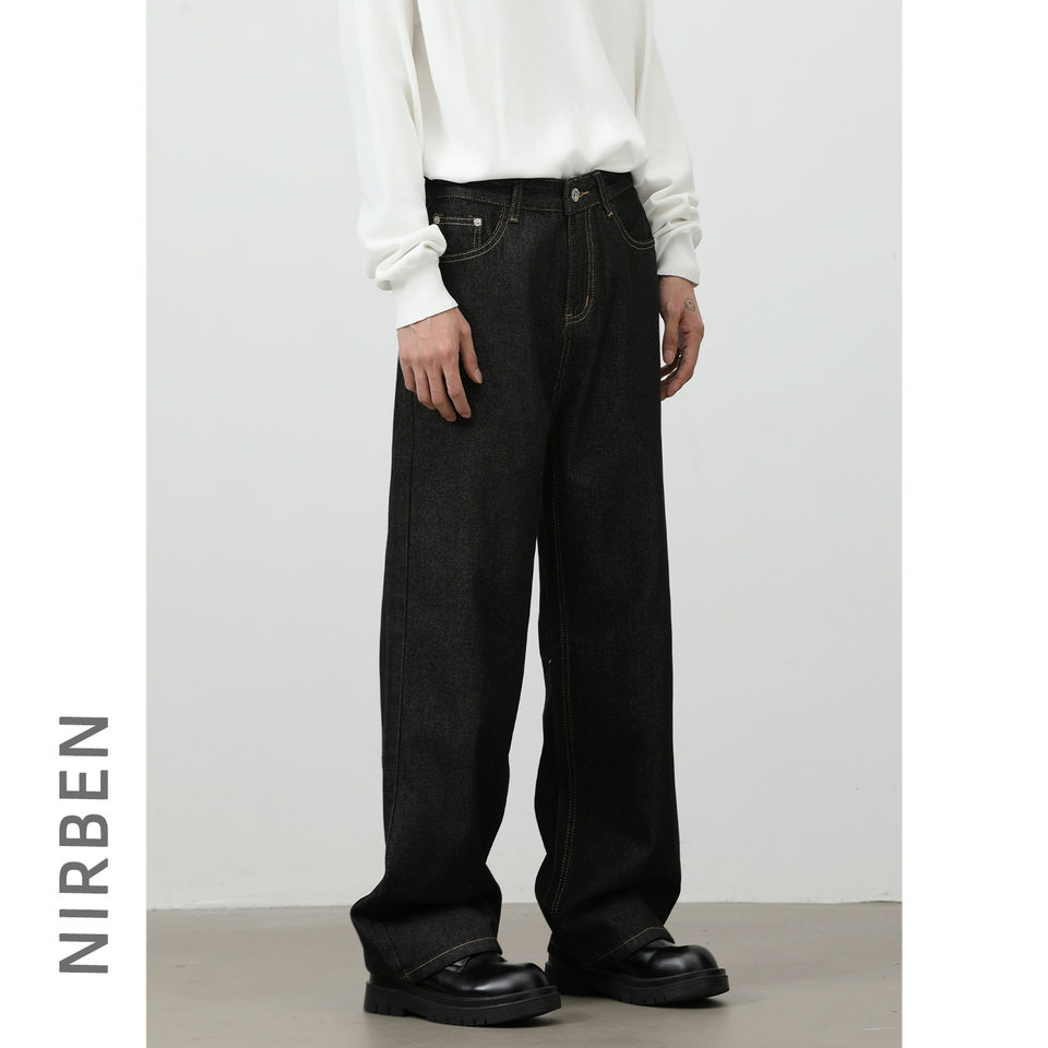 Quần jean denim nam dáng rộng ống thẳng Mỹ — Denim đen, màu xanh denim