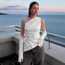 欧美女装2024秋季新款街头潮人无袖斜领PU皮背心加袖套上衣女套装