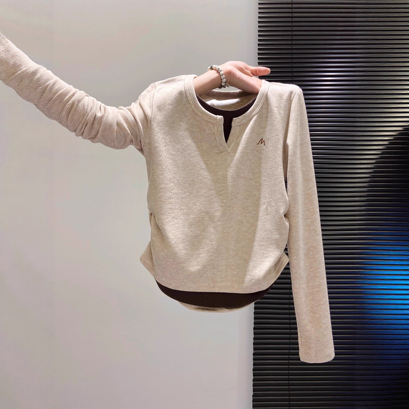 Fake Two-Piece Long-Sleeved T-Shirt 2025 Early Autumn New High-Bottom Slimming Look Bottoming Shirt Short Style Super Nice Light Mature Top