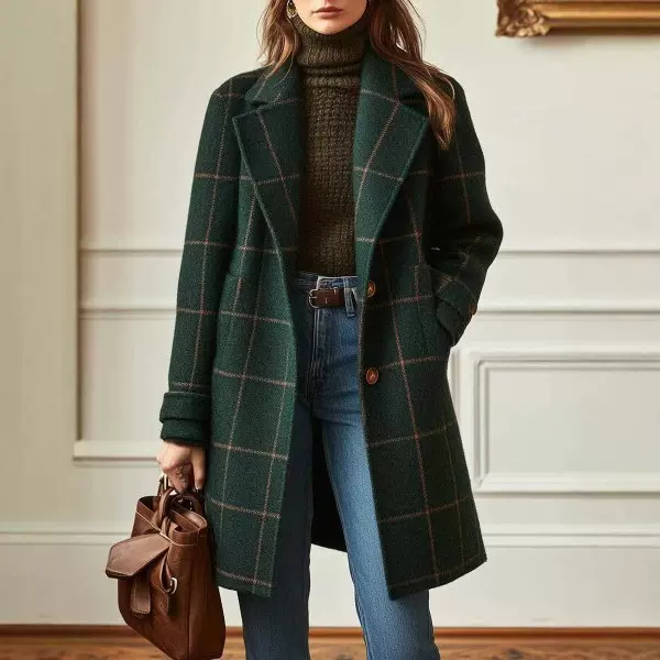 2025跨境欧美冬季新款女装亚马逊休闲复古翻领口袋中长款毛呢外套