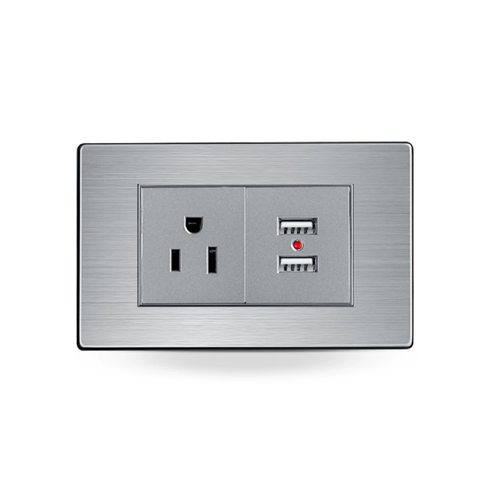 Южноамериканский 118K американский трёхгнездовый USB-зарядкой двойной TypeA настенный электровыключатель из нержавеющей панели 250V 16A