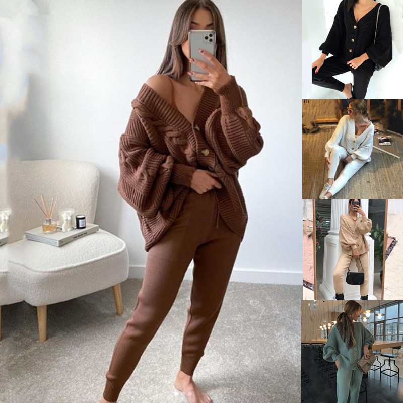 2023 Women's Clothing Amazon Wish New Arrivals European and American Fashion V Neck Pure Color Suit Sweater Women Slimming Long Sleeve