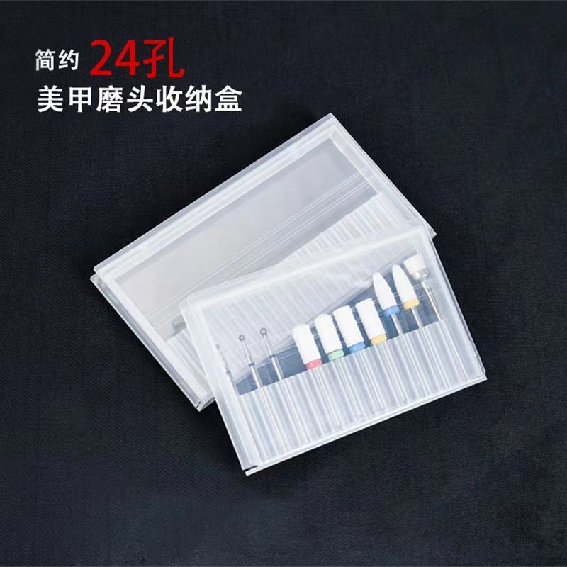 Uñas transfronterizas Caja de almacenamiento de cabezal de molienda de 24 agujeros Tratamiento frontal portátil Soporte de herramientas de pantalla abatible a prueba de polvo