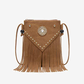 复古流苏包个性镶嵌设计磨砂质感斜挎单肩包波西米亚风百搭女包包