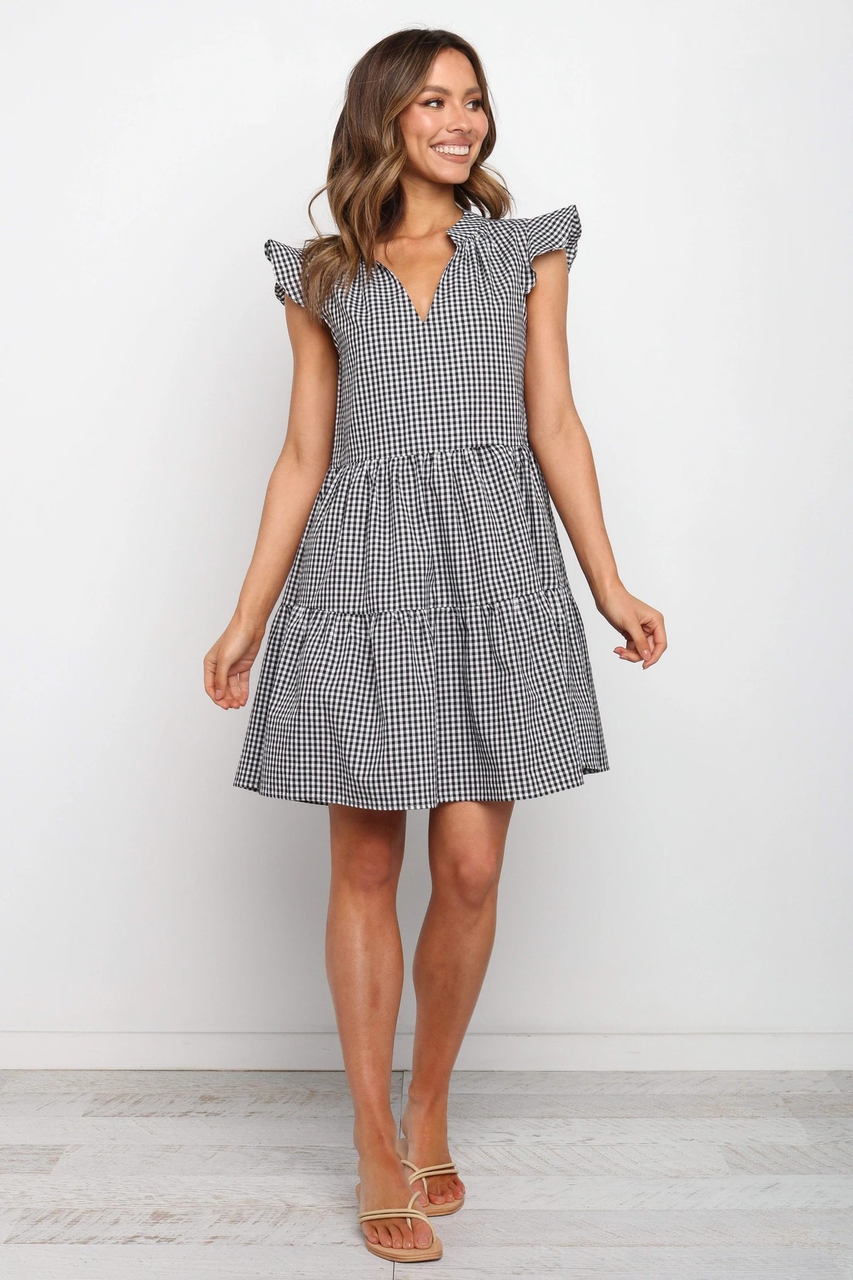 summer new style V-neck pleated plaid dress  NSYD36531