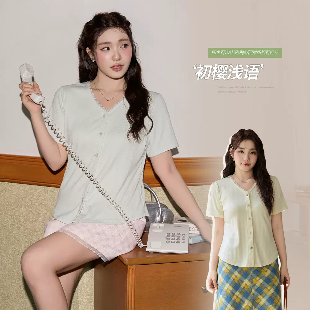 韩系蕾丝拼接撞色提花短袖上衣女夏季胖mm大码宽松显瘦小衫65353