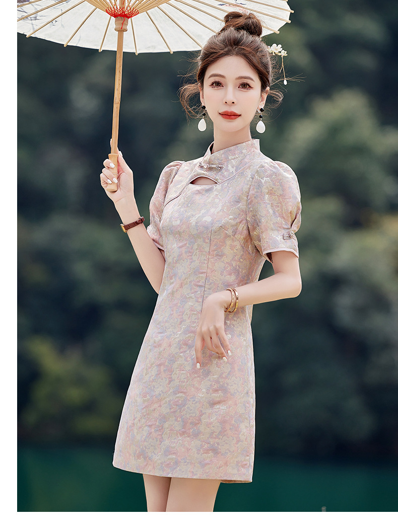 Váy maxi nữ phong cách Trung Quốc mới, cổ đứng cúc bọc, dáng dài vừa phải, thanh lịch thời trang — Màu xanh lam, Màu hồng chi tiết 10