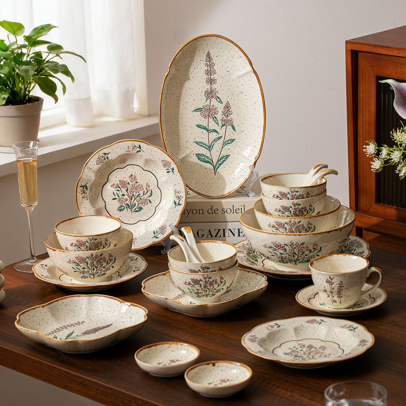 Vintage-Style Underglaze Color High-Value Ceramic Tableware Set, Light Luxury Household Bowls, Retro Plates, Bowls, and Dishes Set