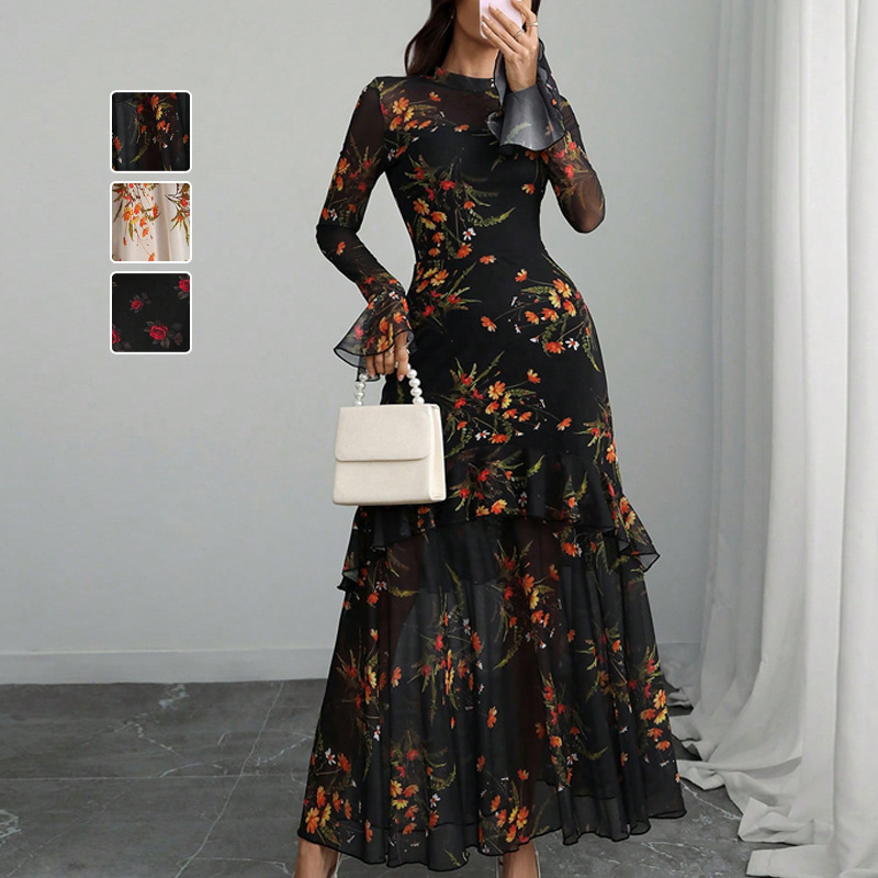 European and American New Black Printed Dress Lotus Leaf Sleeve Plant Flower Print Niche Dress Women's Holiday Long Dress