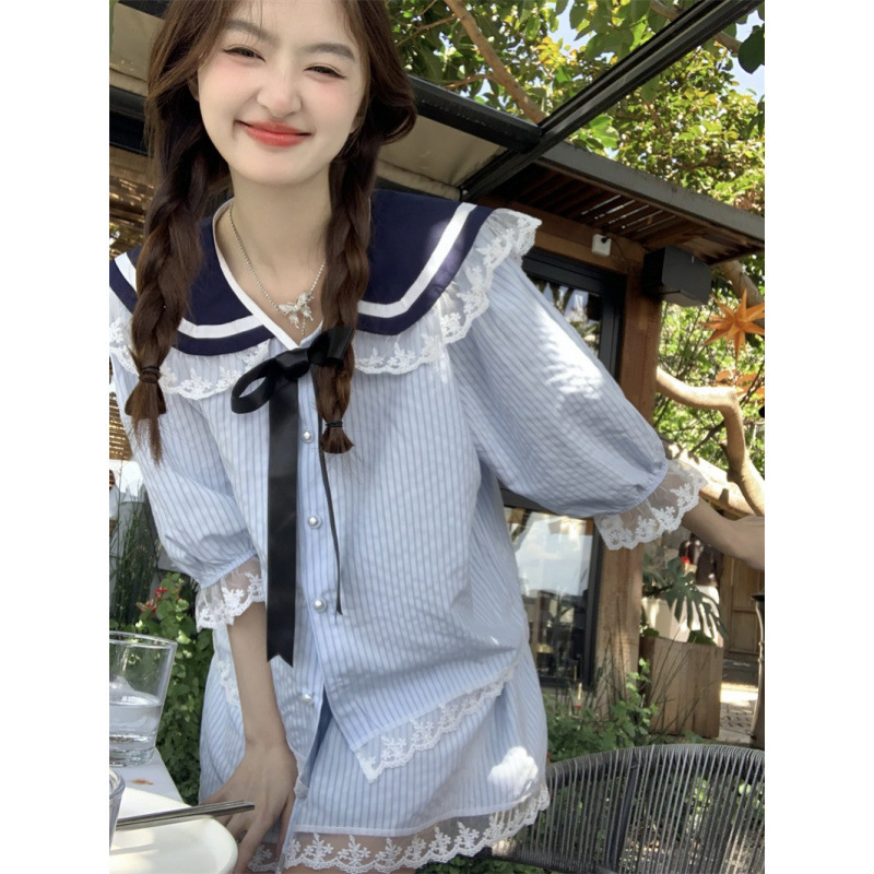 Sweet and Youthful Korean-Style Color-Blocked Navy Collar Bow Short-Sleeve Shirt + Lace Trim Skirt Sweet and Youthful Korean-Style Color-Blocked Navy Collar Bow Short-Sleeve Shirt + Lace Trim Skirt