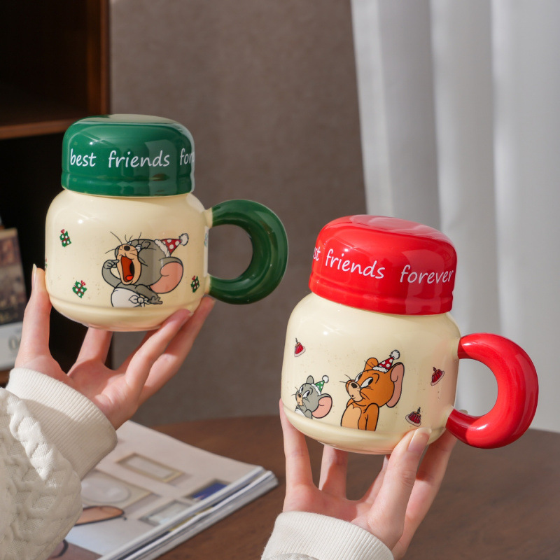 Gato y ratón taza de cerámica con tapa, regalo de cumpleaños para pareja, taza de agua doméstica, dormitorio
