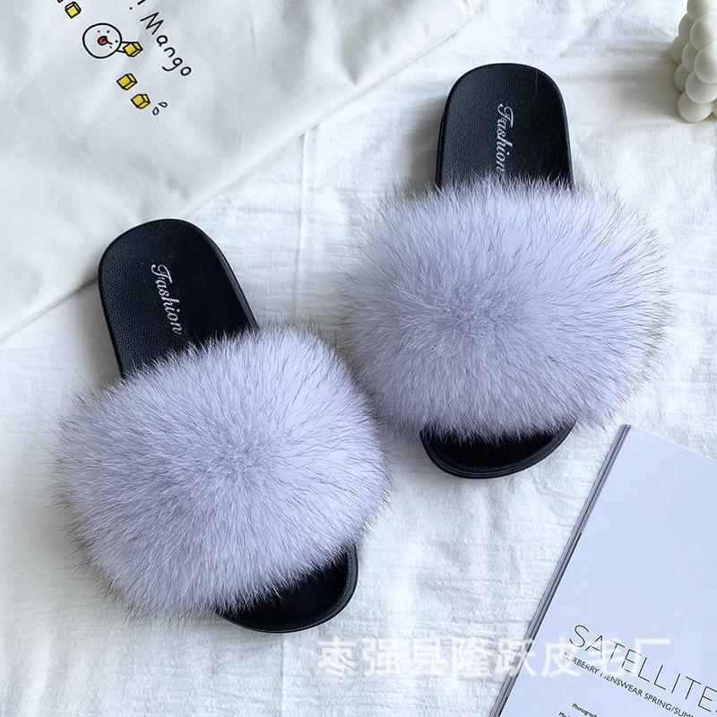 Amazon transfronterizo zapatillas de pelo de zorro real zapatillas de pelo de fondo plano zapatillas de pelo de mujer zapatillas de pelo de verano nuevas exportaciones