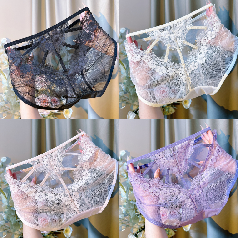 New Transparent Lace Sexy Mesh French Light Luxury High-Waisted Breathable Sweet Triangle Panties Mid-High Waist Hollow-Out Underwear