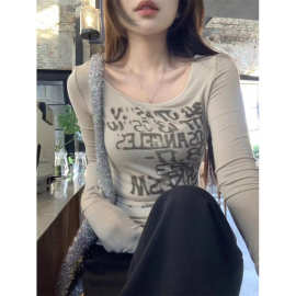 美式复古长袖T恤女修身短款正肩收腰显瘦辣妹秋季内搭打底衫上衣