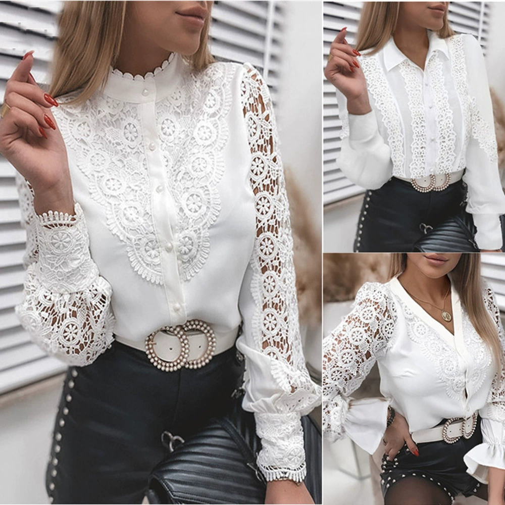 Европейская станция 2025 внешняя торговля AliExpress Wish взрывная рубашка новый сплошной цвет кружевной кардиган с V-образным вырезом женская рубашка